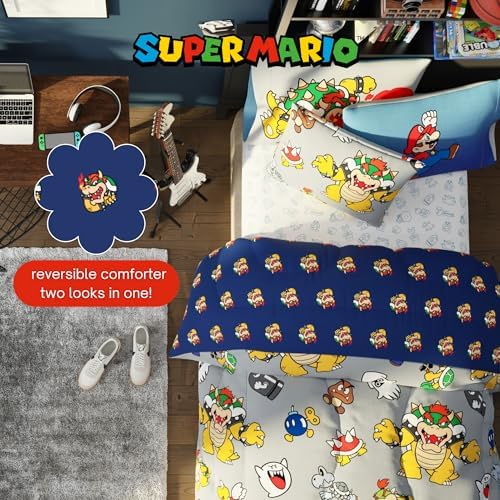 Nintendo Super Mario Bowser Bedding Set, Twin Size 5 Piece Set Kids Super Soft Cozy Reversible Comforter and Sheet Set with Sham, (100% Officially Licensed Product) by Franco - Image 4