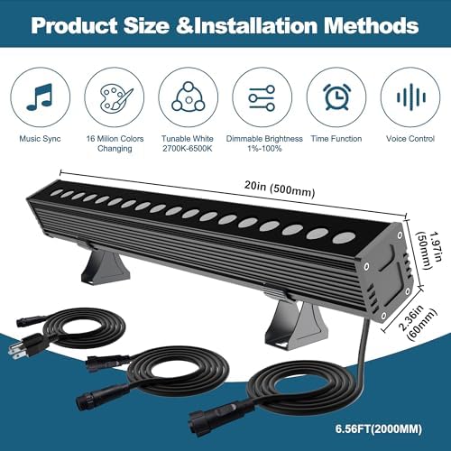 Smart Wall Washer Light Bar 20in RGBCW – Linkable Waterproof LED Light for Indoors/Outdoors with App/Voice Control, 16M Colors, Dimmable, Music Sync, 50 Scene Modes, Timer, AC120V - Image 4