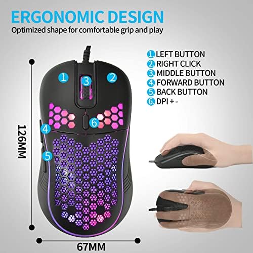 Techsea Honeycomb Wired Gaming Mouse with RGB On/Off Switch, 7200 Adjustable DPI, Ergonomic Lightweight Design & High Precision Sensor for PC/Mac Gamers (Black) - Image 5