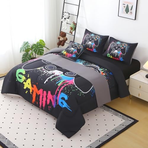 JQinHome Full Gamer Comforter Sets for Boys,6 Piece Bed in A Bag 3D Video Gamer Bedding -All Season Microfiber Gaming Bedding Set for Kids, with Sheet Sets (Black Gaming) - Image 3