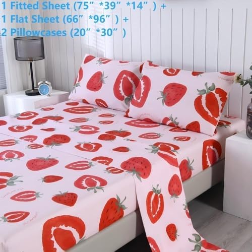 SDIII 4PCS Pink Strawberry Sheets Set Twin, Soft Microfiber Strawberry Sheets Twin Size, Cute Fruit Bedding Sheet Set for Girls Boys Kids and Teens - Image 2