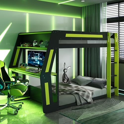 Merax Full Over Full Gaming Bunk Bed Frame with Side-Mounted Oversized Desk, USB Charging Ports & Cable Grommet & Light, Cool Design Heavy-Duty Esports Loft Bed Frame, Green by Merax