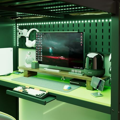Merax Full Size Loft Bed with Desk and 6 Storage Shelves, Wardrobe, Blackout Curtain, Sturdy Wood Gaming Loft Bunk Bed Frame with USB Port & RGB Lights, No Box Spring Need, Space-Saving, Black+Green - Image 7
