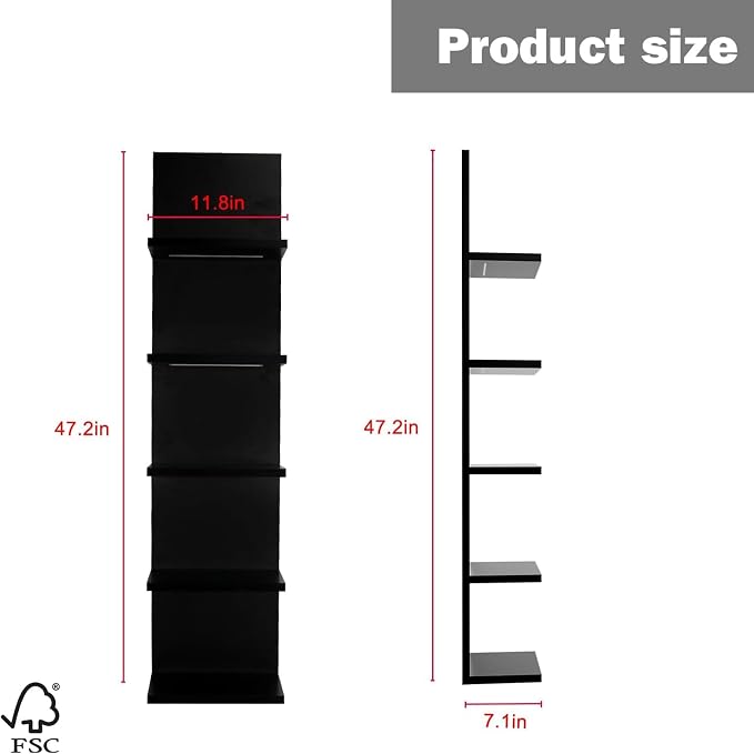 VIWODS 5-Tier Wall Shelf Unit with Light, Black - Image 2