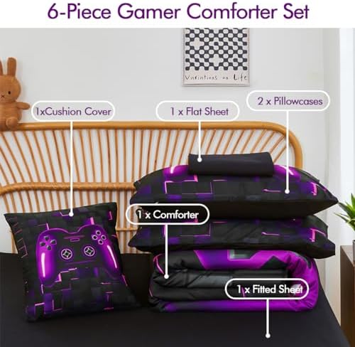 PERFEMET 6 Pieces Gamer Comforter Sets Twin Size Purple Game Console Boys Bed in A Bag 3D Cool Black Gaming Bedding Set for Kids Teen Lightweight Gamepad Bedroom Set(Purple, Twin) - Image 3