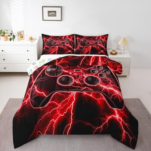 Erosebridal Gaming Comforter Set Gamer Twin Bedding Sets for Girls, Retro Game Console Comforter Red Lightning Quilt,Kids Bedroom Decor - Image 6