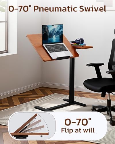 Simple Deluxe Standing Rolling Desk with Hidden Casters, Height Adjustable Pneumatic Mobile Laptop Desk, Tilting Bedside Table for Laptop, Overbed Bedside Table Hospital Home Use, Brown - Image 7