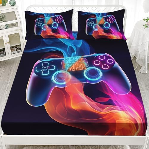 AILONEN Gamer Fitted Sheet Set Full Size, 3 Pieces Gamer Bedding Boys Gaming Sheet Set,Video Game Bed Sheet Sets for Boys,Gamepad Game Controller Fitted Sheet with 2 Pillowcases by AILONEN