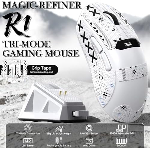 MAGIC-REFINER R1 Wireless Gaming Mouse with RGB Charging Dock,65g Ultra Lightweight,PixArt PAW 3311 Sensor DPI 24K,LCD Display & Smart Sleep,500mAh,Tape,Programmable Mice for Mac PC Gamer(White) - Image 2