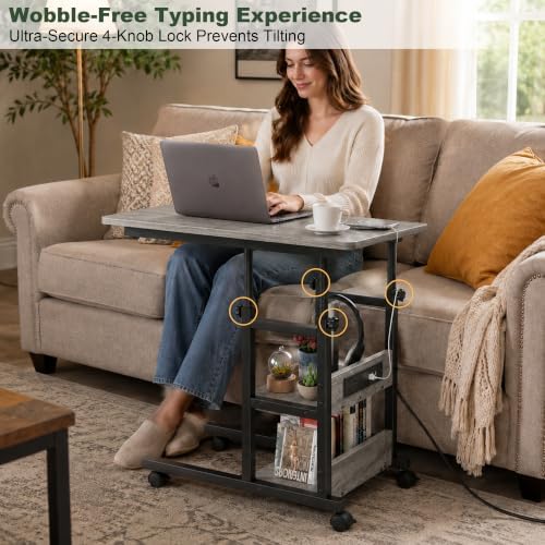 Rolling C Shaped End Table with Charging Station for Couch, Height Adjust - Image 6