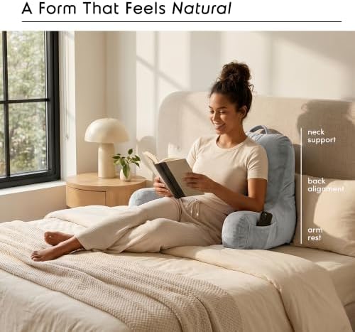 Nestl Reading Pillow for Bed, Back Pillow for Sitting Up in Bed, Light Grey | 18” Backrest Pillow with Arms, Adjustable Support, Shredded Memory Foam Fill, OEKO-TEX, College Dorm Essentials for Adults - Image 2