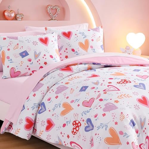 Girls Twin Bedding Set - 5 Pieces Heart Pattern Twin Comforter Set for Kids - Image 5