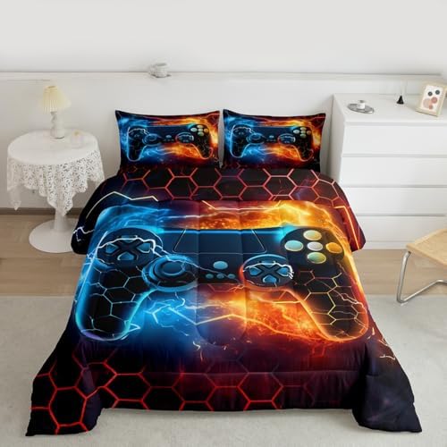 Feelyou Kids Boys Blue Red Gamer Comforter Full Size, Honeycomb Gaming Comforter Set for Lightning Gamer Bedding Set Game Duvet Set with 2 Pillow Case Room Decor Quilt Set Bedding Collection by Feelyou