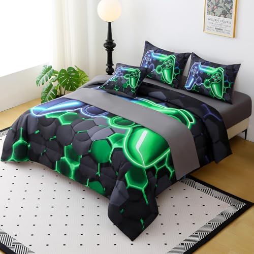 JQinHome Full Gaming Bedding Set 6-Piece Comforter for Kids Teens - 3D Video Game Console Print Bed in a Bag with Ultra-Soft Fluffy Sheets, Blue-Green Unisex Design (Full) - Image 3