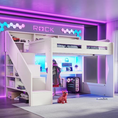 KEIKI Queen Size Gaming Loft Bed with Storage Stairs, LED Lights & Desk by KEIKI