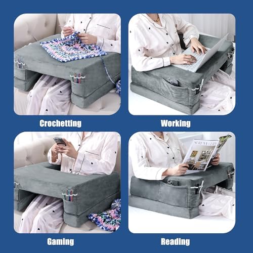 HOMBYS Adjustable Foam Crochet Pillow for Lap Support, Soft Velvet Reading & Gaming Pillow with Side Pocket and Elastic Band, Desk Pillow for Sofa, Bed & Floor, 2 Heights for Adjusting, (Grey) - Image 5