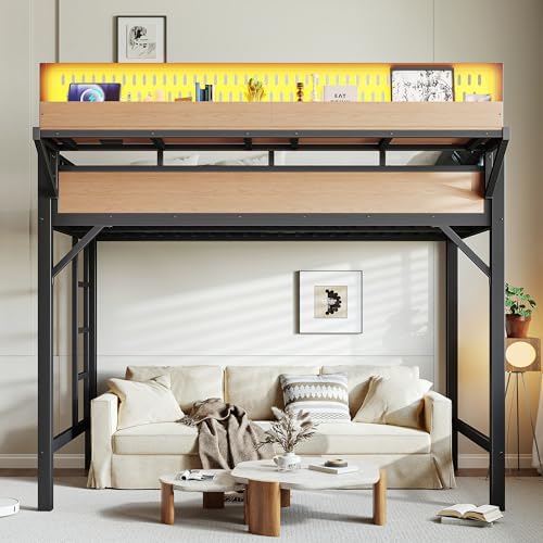 KEIKI Twin XL Loft Bed Frame with Storage Shelves & Pegboard, Metal Loft Bed with USB Ports and LED Lights, Space Saving Loft Bed for Kids Teens Dorm Rooms Apartments Gaming Setup & Small Bedrooms - Image 3