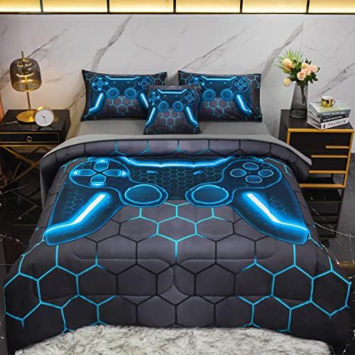 6Pcs Game Console Comforter Set with Sheets for Boys Girls Kids Teens, Geometric Gaming Themed Bed in A Bag Twin Size, Blue 3D Video Gamer Controller Bedroom Decor Bedding Set - Image 2