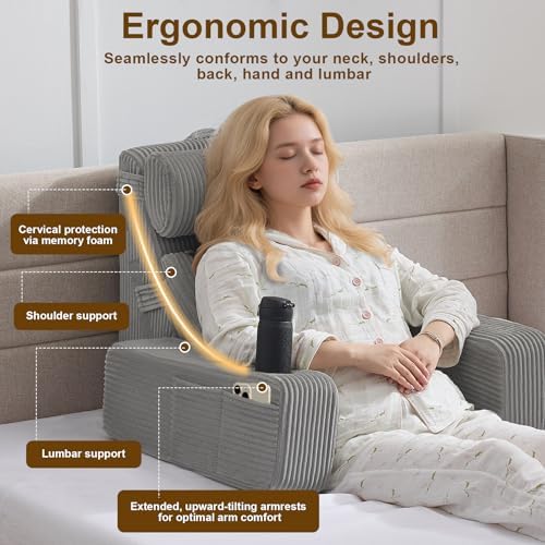 Reading Pillow for Sitting in Bed Adult, Back Pillow for Bed Sitting up with Arms, Pockets and Cup Holder, Sit Up Backrest Pillows for Beds Chair Support, Rest Pillow for Gaming - Image 4