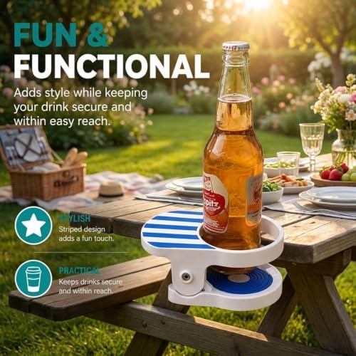Clip On Cup Holder for Beach Chair, Portable Drink Clamp Attachments Fits Zero Gravity, Adirondack, Desk, Pool Lounger, Cruise - Holds Coffee Mugs, Water Bottles, Cans，Blue - Image 4