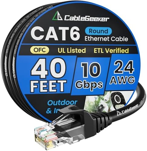 Cat 6 Ethernet Cable 40 ft, Indoor&Outdoor, High Speed 10Gbps 24AWG Pure Copper Internet Network Cable, Pure Copper Ethernet Patch Cable Long, PoE Computer LAN Cable for Router, Modem, PS5/4, Black by CableGeeker
