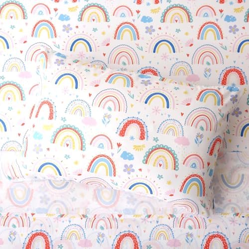 Full Size Bed Sheets for Girls Kids - 4-Piece Rainbow Floral Bedding Set, Breathable Pink Cloud 3D Fitted Sheets with 14" Deep Pocket, Ultra Soft Lightweight Bedroom Essentials - Image 5