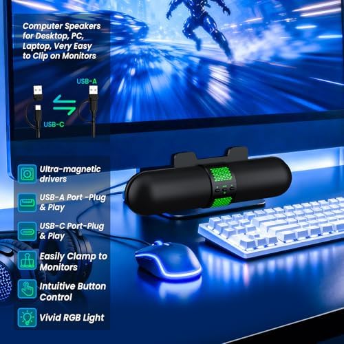 BESTISAN Computer Speaker, Bluetooth 5.3/Wired USB A/C Connection, 6 RGB Light Modes, Gaming Soundbar for PC/Laptop/Desktop, USB A/C Adapter, Easily Clamps to Monitor, Convenient Button Controls - Image 6
