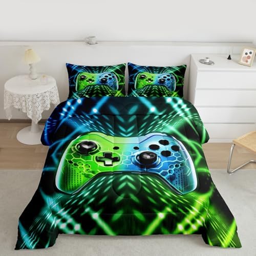 Feelyou Kids Boys Gamer Bedding Set Queen Size Gaming Comforter Set for Boys Girls Teens Blue Green Geometric Gamepad Duvet Quilt - Image 2