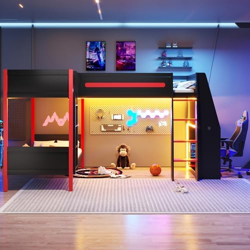 Merax L-Shaped Twin Size Triple Bunk Bed for 3 People, Wood Gaming Loft Bed with Built-in Desk, Shelves, Lights and Full-Length Guardrails, Black+Red - Image 2