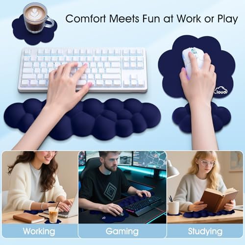 Cloud Wrist Rest Keyboard Cushion and Cloud Mouse Pad, Dark Blue | 4-in-1 Ergonomic Cloud Keyboard Wrist Rest Set, Memory Foam, Arm Support for Palm, Cute Desk Accessory for PC Gaming Setup - Image 6