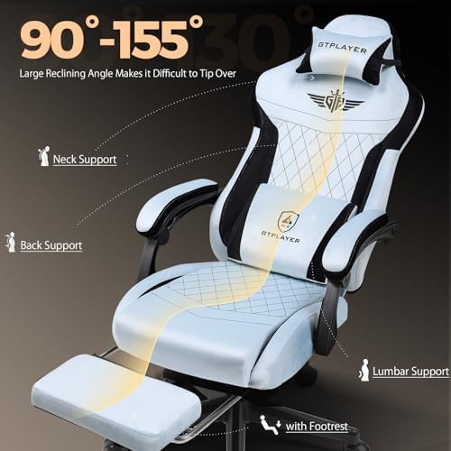 GTPLAYER Gaming Chair with Footrest, Big and Tall Game Chair High Back Computer Office Chair with Lumbar Support for Adults, Ergonomic Swivel Games Chair with Cushion Gaming, Fabric Light Blue - Image 5