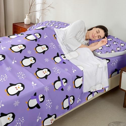 Penguin Bed Sheets Full Size Kawaii Penguin Sheet Set Antarctic Animal Fitted Sheet for Kids Boys Girls Teens Cartoon Cute Winter Theme Bedding Set Snowflake Pattern Flat Sheet Room Decor, Purple - Image 4