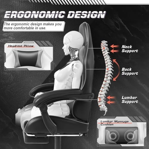 Shahoo Gaming Chair with Footrest and Massage Lumbar Support, Video Racing Seat Height Adjustable with 360°Swivel and Headrest for Office or Bedroom, Grey - Image 7