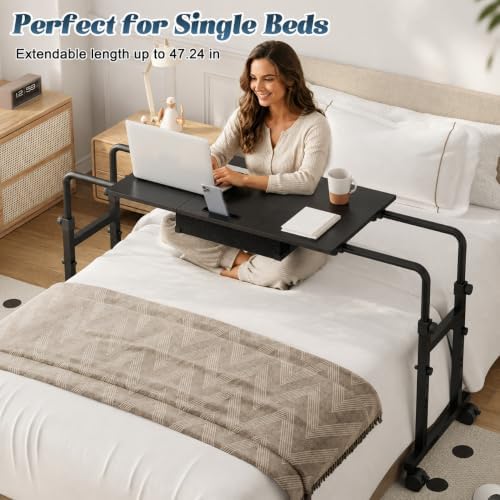 Mobile Recliner Table with Drawer,Adjustable Height and Length Overbed Table with Wheels,Rolling Table for Bed&Sofa,Height from 26.77" to 35.43" and Length from 35.43" to 47.24" - Image 3