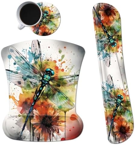 Ergonomic Mouse Pad with Wrist Support Gel Mouse Pads and Upgrade Keyboard Wrist Rest Pad Set, Coasters Non-Slip PU Base Mouse Mat for Office Gaming Computer Laptop Home, Dragonfly by Dikoer