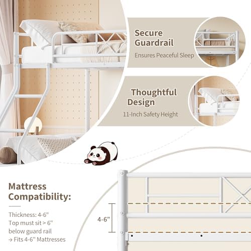 Garvee Bunk Bed Twin Over Full for Adults & Teens, Heavy Duty Metal with Ladder & Safety Rails, No Box Spring Required, Space Efficient Furniture for Bedroom, Dorm, White - Image 3