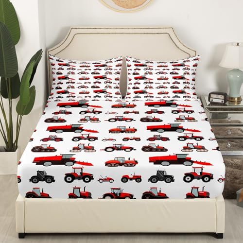 Erosebridal Red Tractor Bed Sheets Full Size Heavy Equipment Truck Sheet Set Kids Boys Girls Teens Harvester Tractor Bedding Set Construction Excavator Farm Equipment Fitted Sheet - Image 4