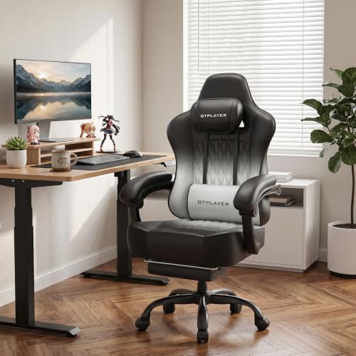 GTPLAYER Big and Tall Gaming Chair with Footrest, Ergonomic Office Desk Chair with 4.4in Thick Cushion and Wide Wingless Seat, Comfortable Leather Computer Chair, Predator Series, Gray Gradient - Image 2