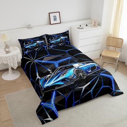 Feelyou Kids Boys Sports Car Comforter Set Queen Size Blue Race Car Comforter for Kids Teens Room Decor Extreme Sports Bedding Set Cool Speed Car Decor Quilt Set Soft for All Season - Image 3