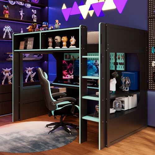 Merax Twin Size Gaming Loft Bed with Integrated Desk and Lights, Black+Blue - Image 4