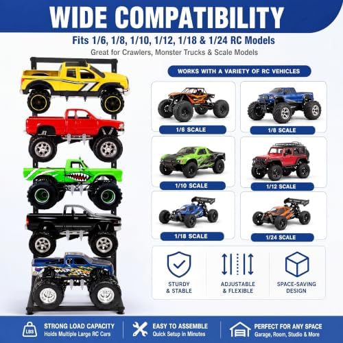 AceOrbit Rc Car Stand 5 Layer Adjustable Wall Mount Car Display Rack with Screws Crawler 15" x 13" x 60" Storage System for 1/10 1/12 1/18 1/24 1/32 Multiple Scale Cars/Trucks Stand Shelf(Black) - Image 6