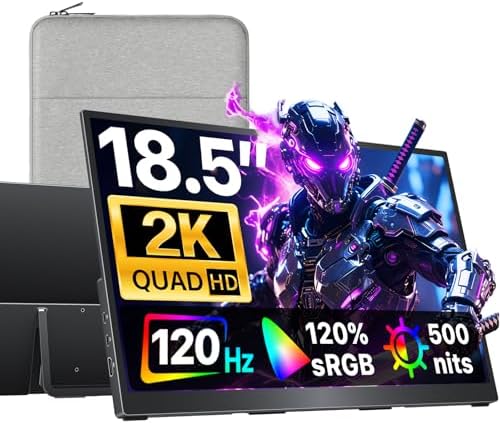 cocopar Portable Monitor 18.5 Inch 2K QHD 120Hz 120% sRGB Travel Monitor with Speaker HDMI USB-C Second Screen for Laptop MacBook Surface PC Xbox PS4/5, VESA Mountable, with Kickstand by cocopar
