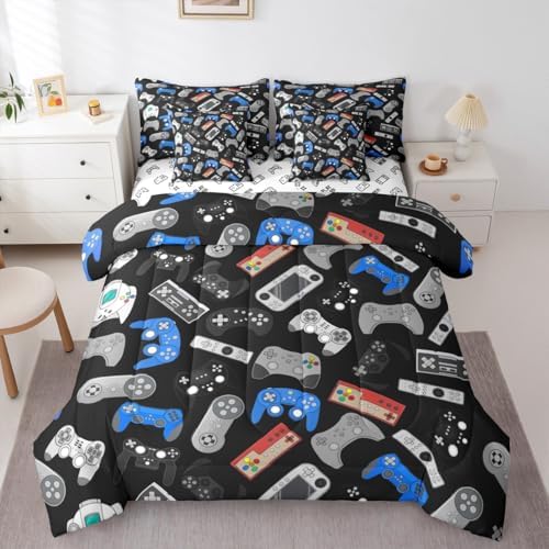 Erosebridal 7 Piece Gamer Comforter Sets for Boys Queen Size | Gaming Bedding Set Video Games Bed in A Bag Black Blue Gamepad Sheet Sets with Comforter Soft Microfiber for Bedroom Decor by Erosebridal