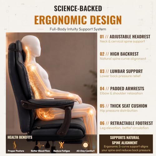 Dowinx Big and Tall Gaming Chair with Footrest for Home Office 500LBS Black | High Back Leather Office Chair, Extra-Wide & Thick-Padded Seat Cushion with Ergonomic Lumbar Support and Soft Linkage Armrest - Image 6