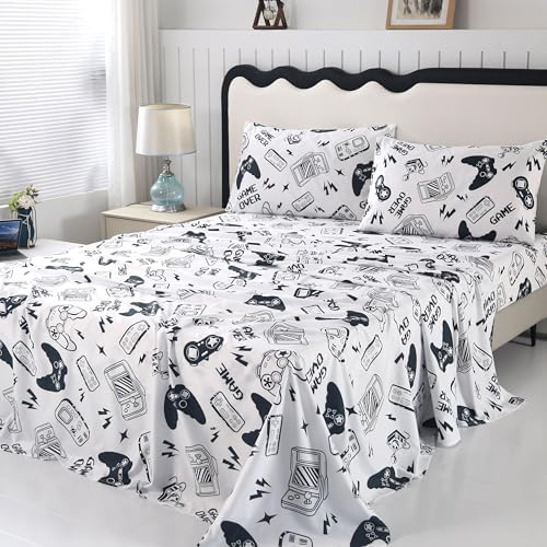 SDIII 4PCS Black and White Gamer Bedding Sheet Sets for Boys Girls Teens and Kids, Bed in a Bag Sheet Set Queen Size, Video Game Bed Sheet Set on Amazon, Queen by SDIII