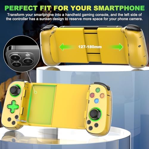 Phone Game Controller for iPhone 17/Android/PC/Switch, Play COD, Genshin,Support Streaming on PS5/Xbox/PC Console, Cloud Gaming Wireless Gamepad Joystick, Turbo/6-Axis Gyro/Dual Motor, Green Light,Yellow - Image 7