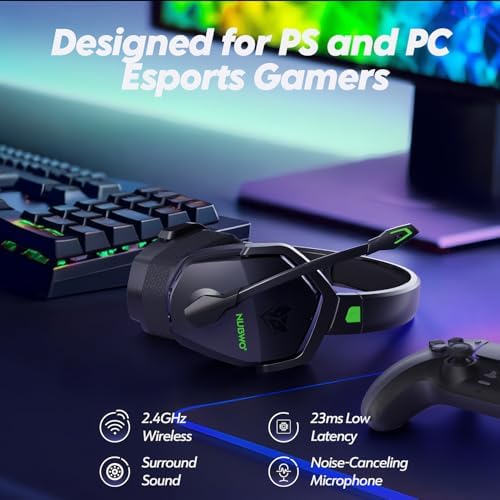 NUBWO G06 Dual Wireless Gaming Headset with Microphone for PS5, PS4, PC - 23ms Low Latency Audio - 100-Hour of Playtime - 50mm Drivers (Black-Green) - Image 2