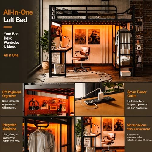 Bellemave Metal Full Size Loft Bed with Desk and LED Lights,Heavy Duty Loft Bed Frame with Storage Shelves and Charging Station for Kids,Teens,Adults, Space Saving,Black - Image 4