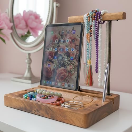 Multi-Device Headphone Stand, Acacia Wood Tech Organizer with Storage Tray - Image 5