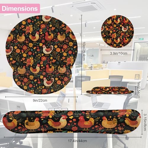Chicken Rooster Hen Flower Meadow Mouse Pad with Wrist Rest Set,3-in-1 Wrist Support Mousepad Set,Gaming Mat Pad with Anti-Skid Base,Ergonomic Memory Foam Mouse Pad Set for Women,Office,Typing,Gaming - Image 5